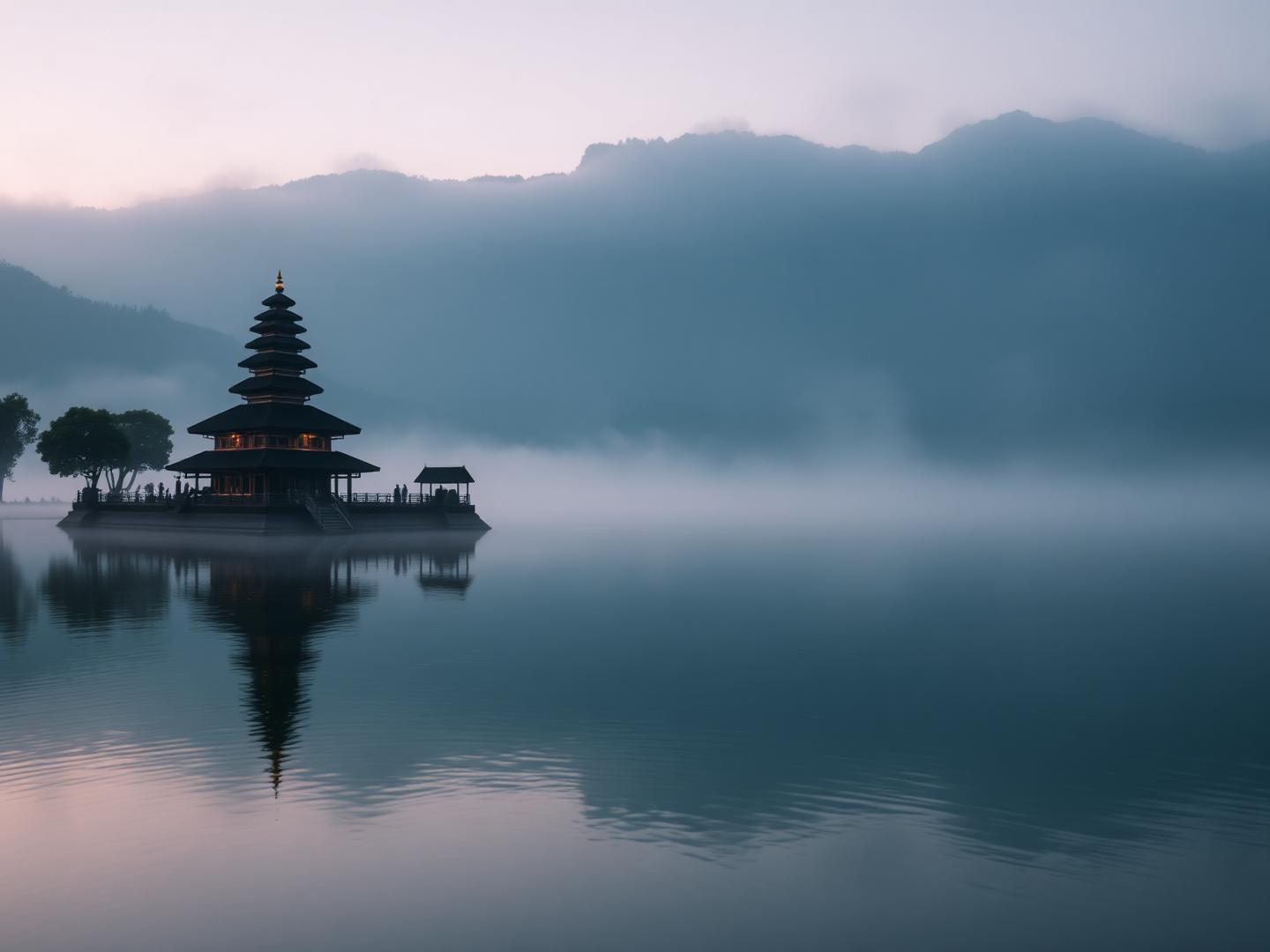 Balinese temple on a misty lake at dawn